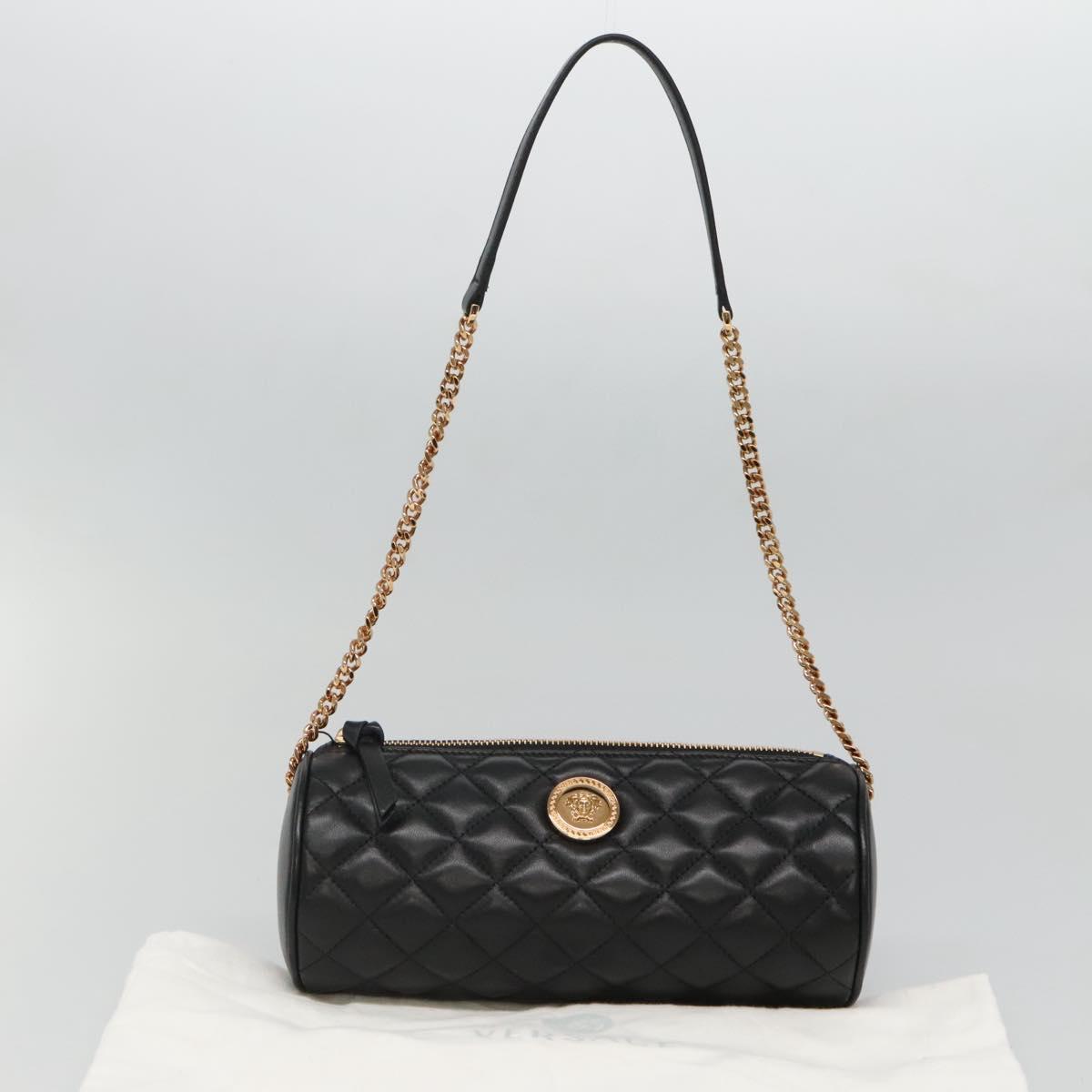 VERSACE Chain Shoulder Bag Leather Black Gold Auth 130260