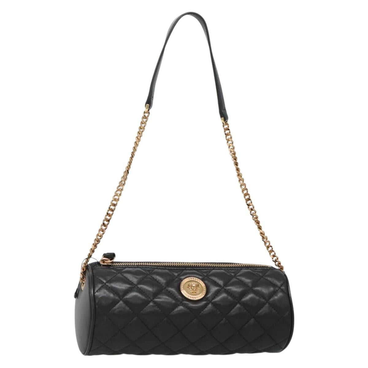 VERSACE Chain Shoulder Bag Leather Black Gold Auth 130262