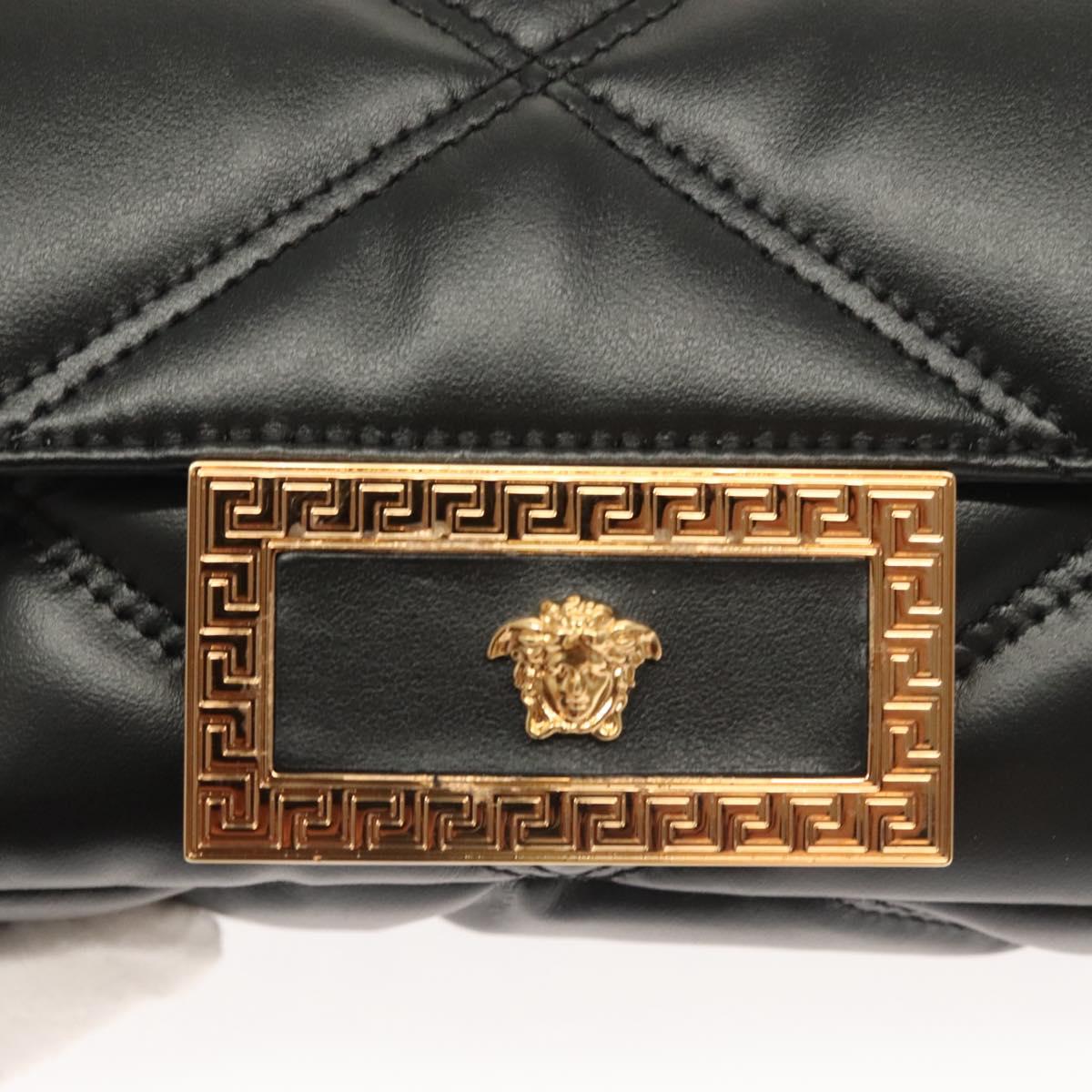 VERSACE Chain Shoulder Bag Leather Black Gold Auth 130277