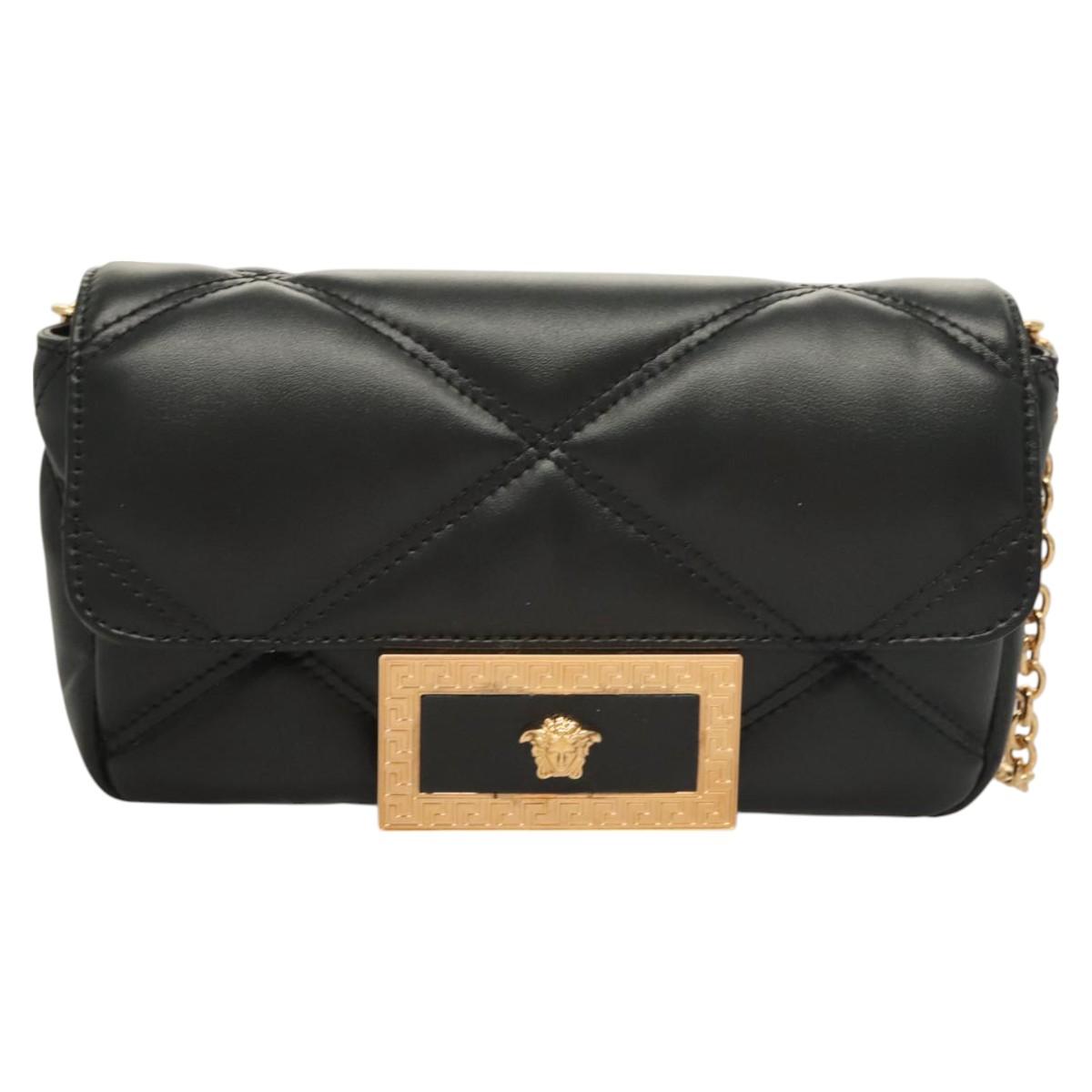 VERSACE Chain Shoulder Bag Leather Black Gold Auth 130277