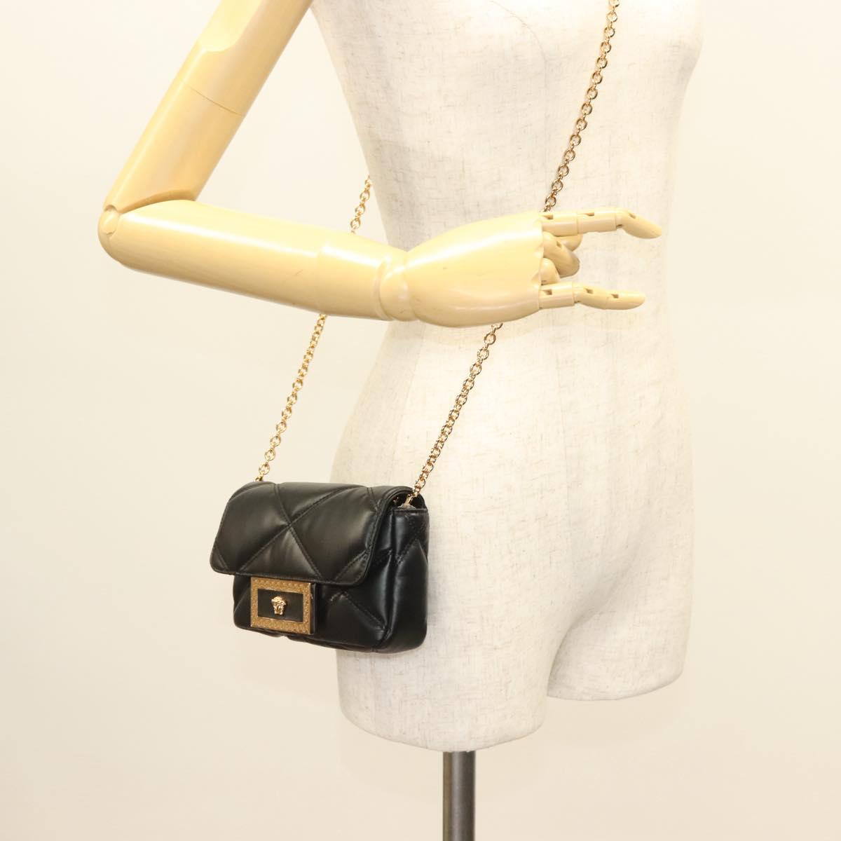 VERSACE Chain Shoulder Bag Leather Black Gold Auth 130277