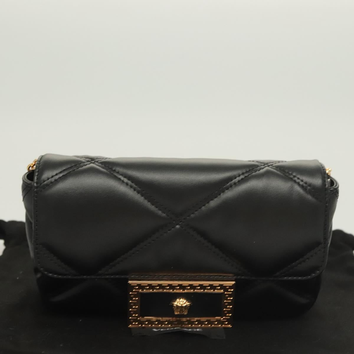 VERSACE Chain Shoulder Bag Leather Black Gold Auth 130277