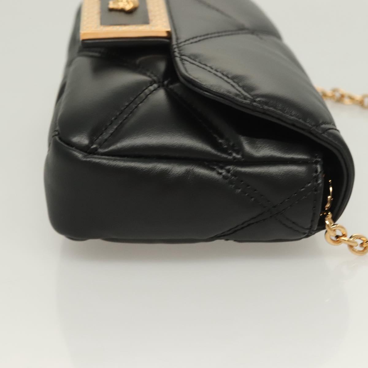 VERSACE Chain Shoulder Bag Leather Black Gold Auth 130277