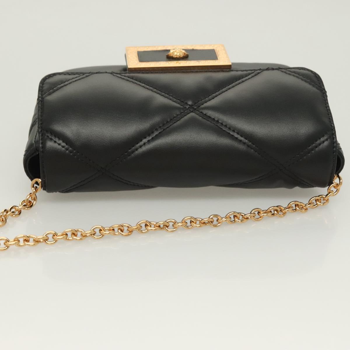 VERSACE Chain Shoulder Bag Leather Black Gold Auth 130277
