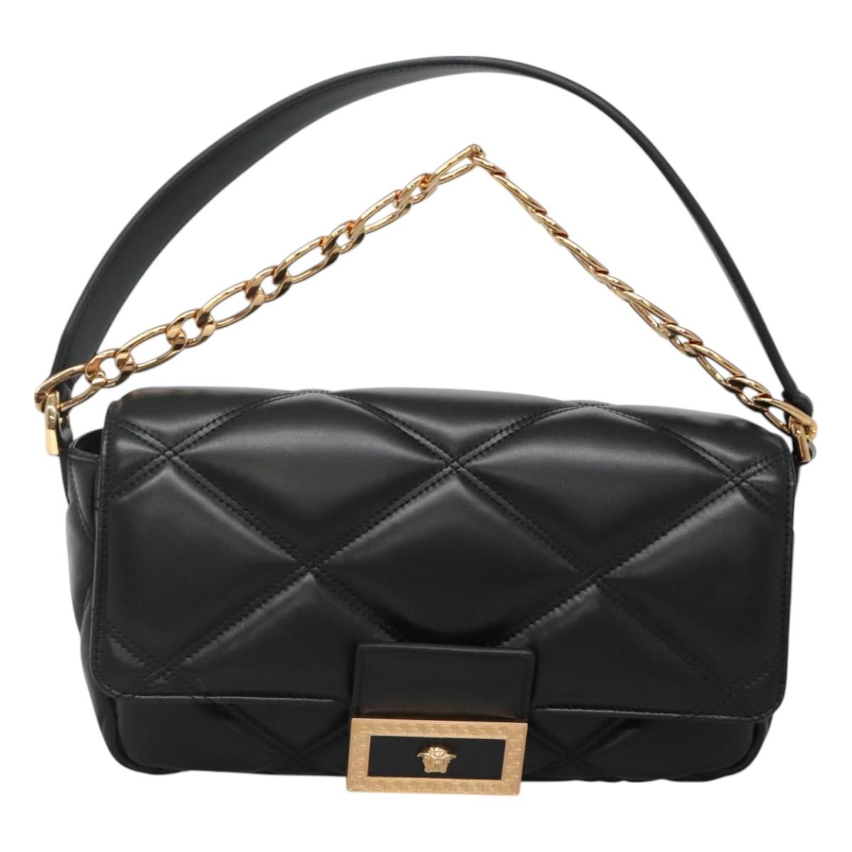 VERSACE Chain Hand Bag Leather 3way Black Gold Auth 130283