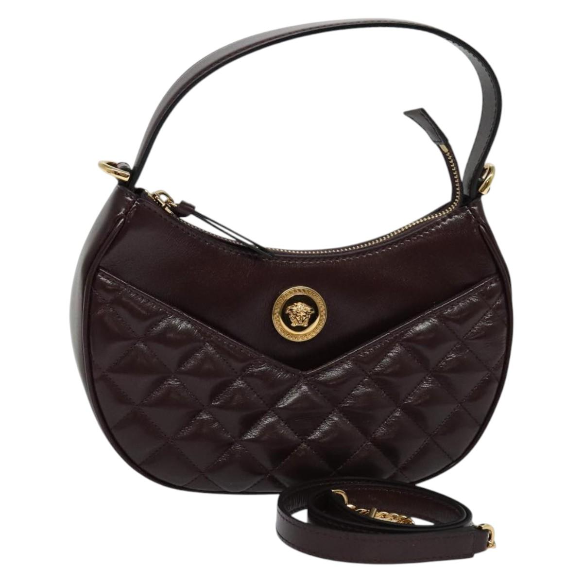 VERSACE Shoulder Bag Leather 2way Brown Gold Auth 130287