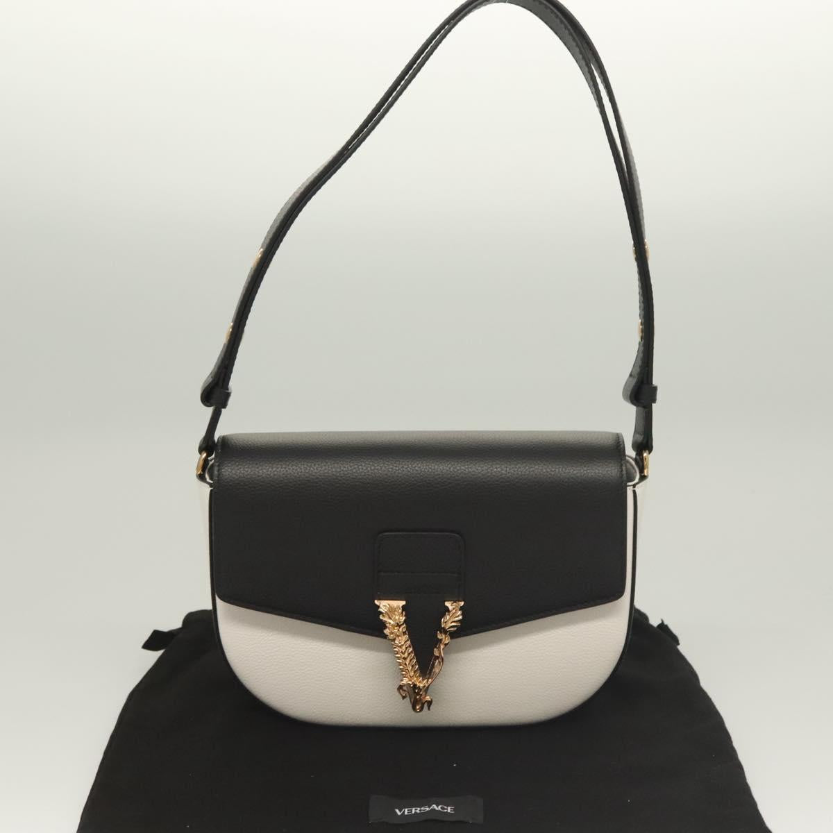 VERSACE Shoulder Bag Leather Black Gold white Auth 130294