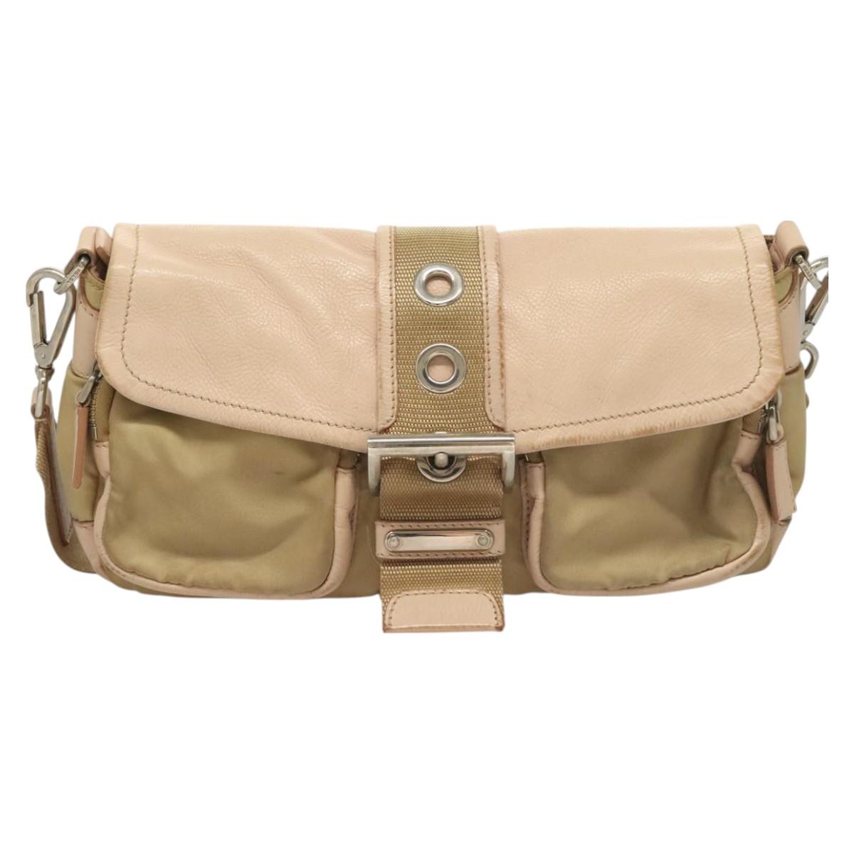PRADA Shoulder Bag Nylon Leather Beige Silver Auth 130350