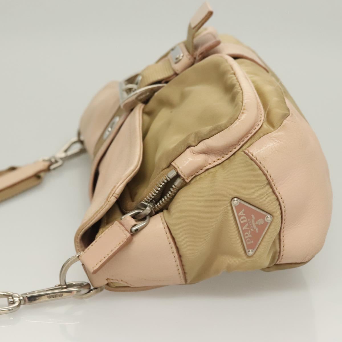 PRADA Shoulder Bag Nylon Leather Beige Silver Auth 130350
