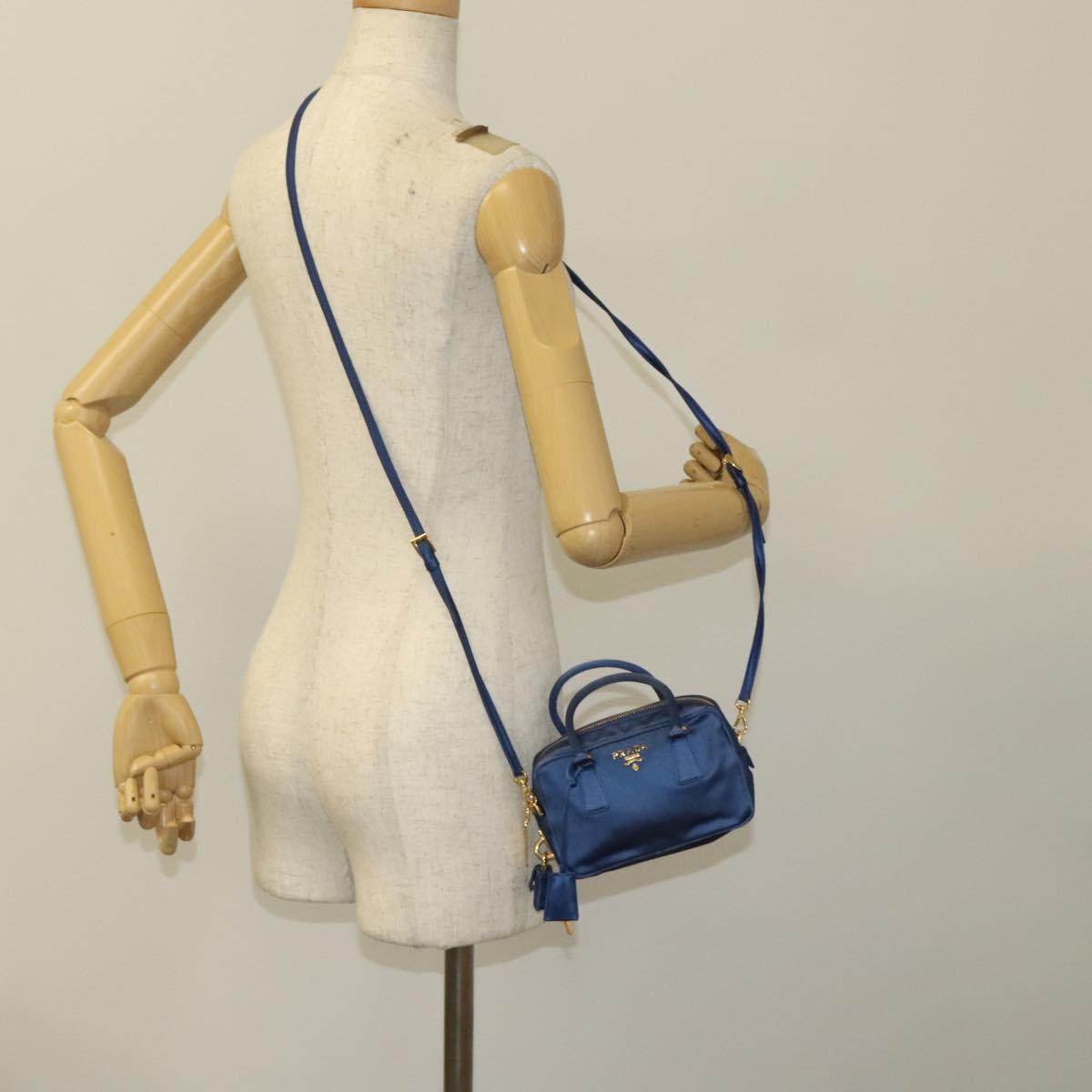 PRADA Hand Bag Satin 2way Blue Gold Auth 130351