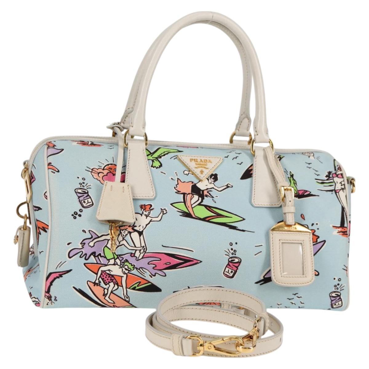 PRADA Hand Bag Canvas 2way Light Blue Gold Auth 130352V