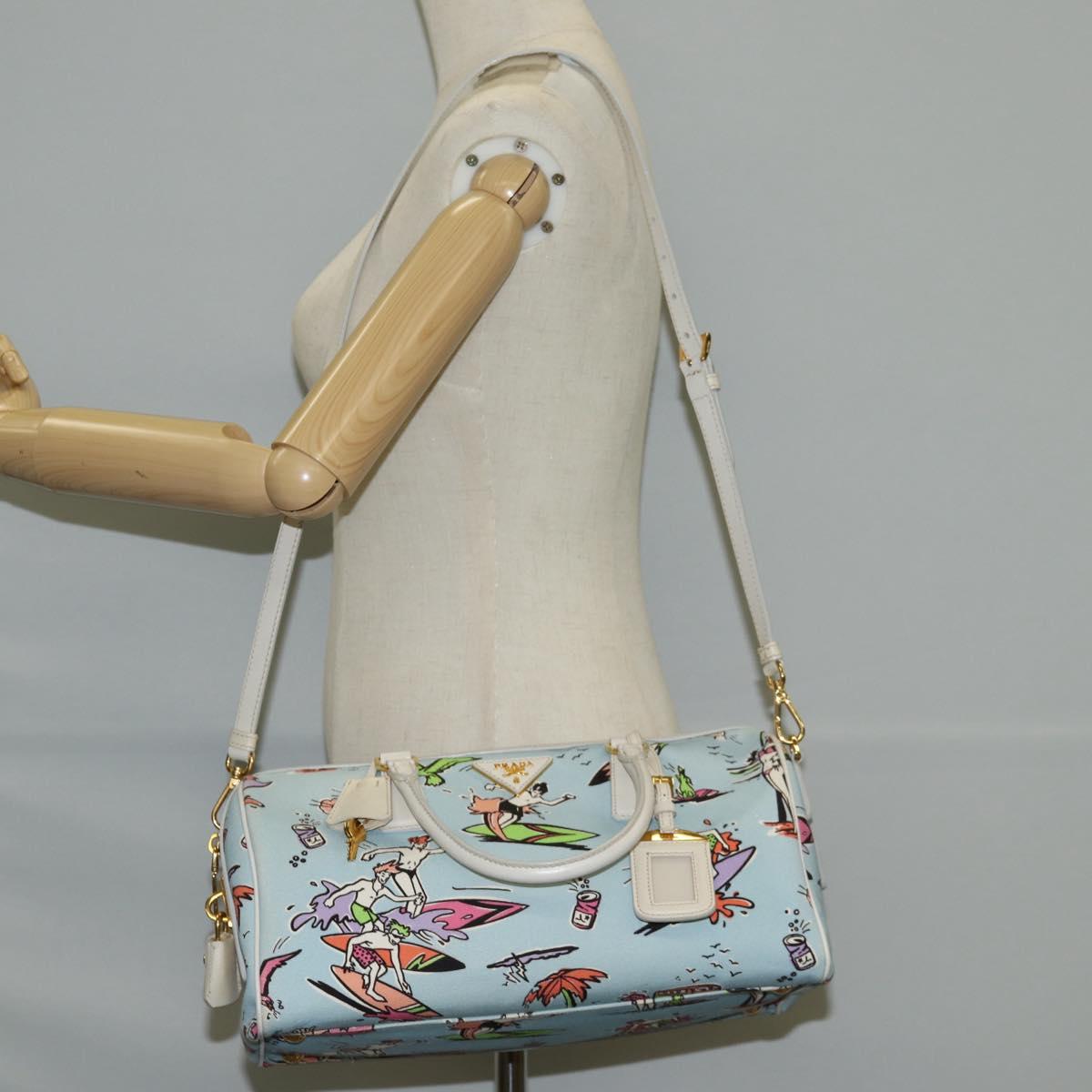 PRADA Hand Bag Canvas 2way Light Blue Gold Auth 130352V