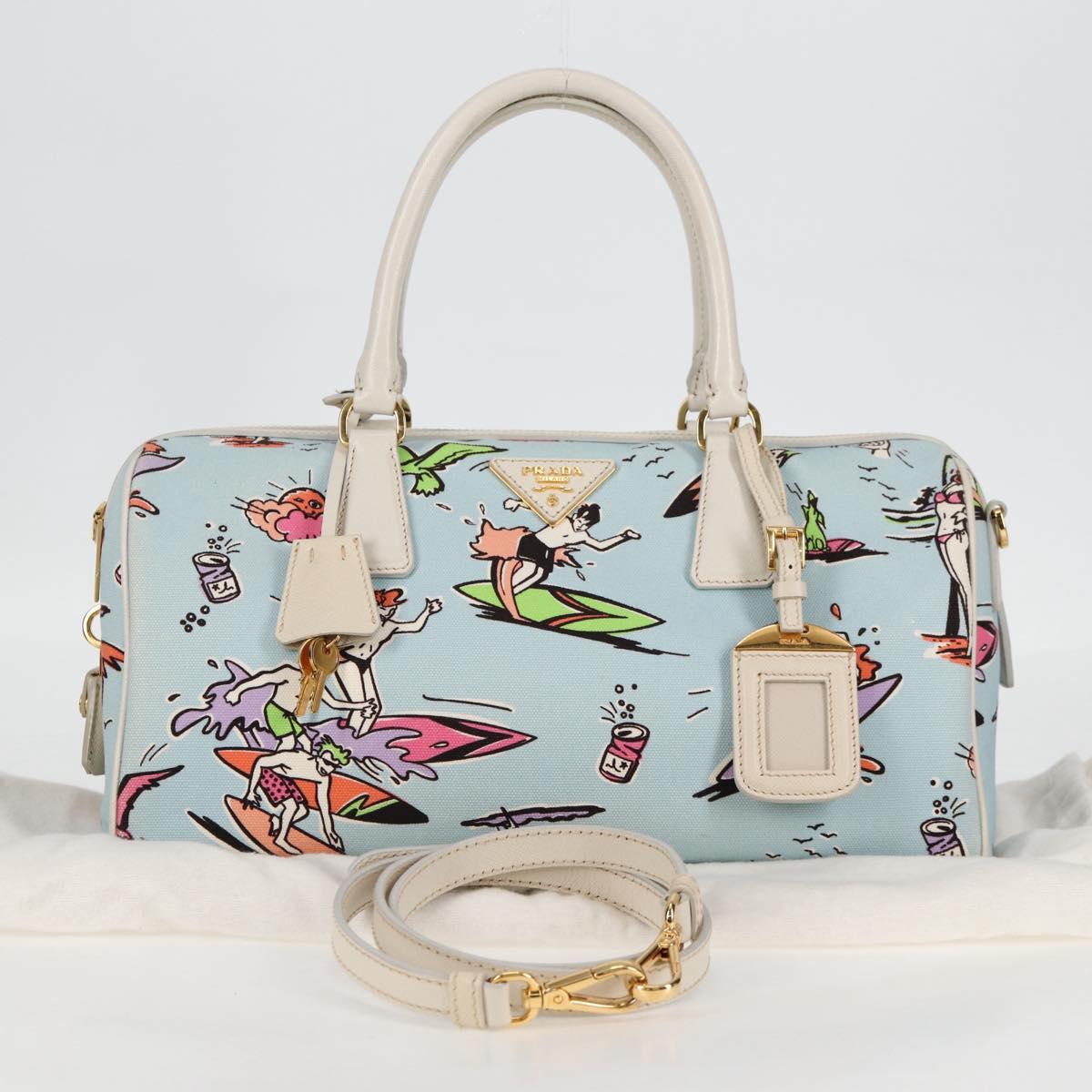 PRADA Hand Bag Canvas 2way Light Blue Gold Auth 130352V