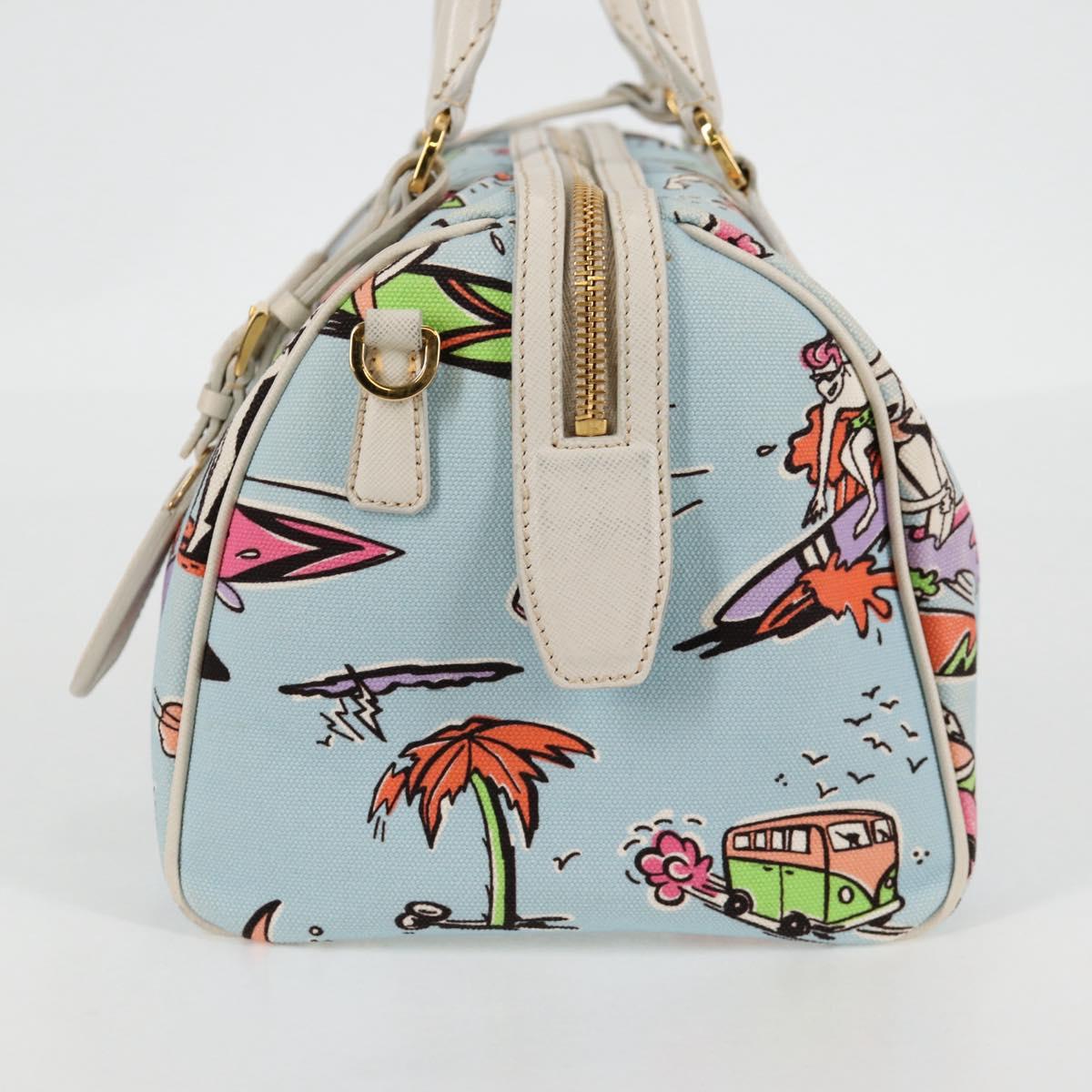 PRADA Hand Bag Canvas 2way Light Blue Gold Auth 130352V