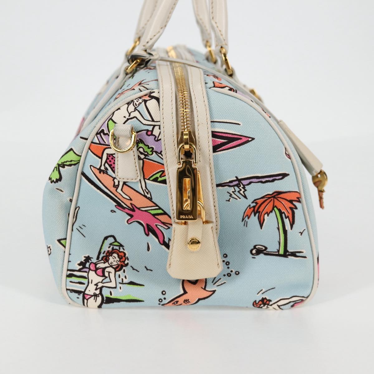 PRADA Hand Bag Canvas 2way Light Blue Gold Auth 130352V