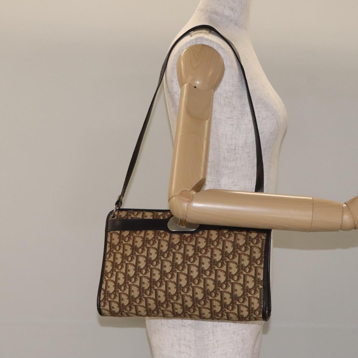 Christian Dior Trotter Canvas Shoulder Bag Brown Gold Auth 130355