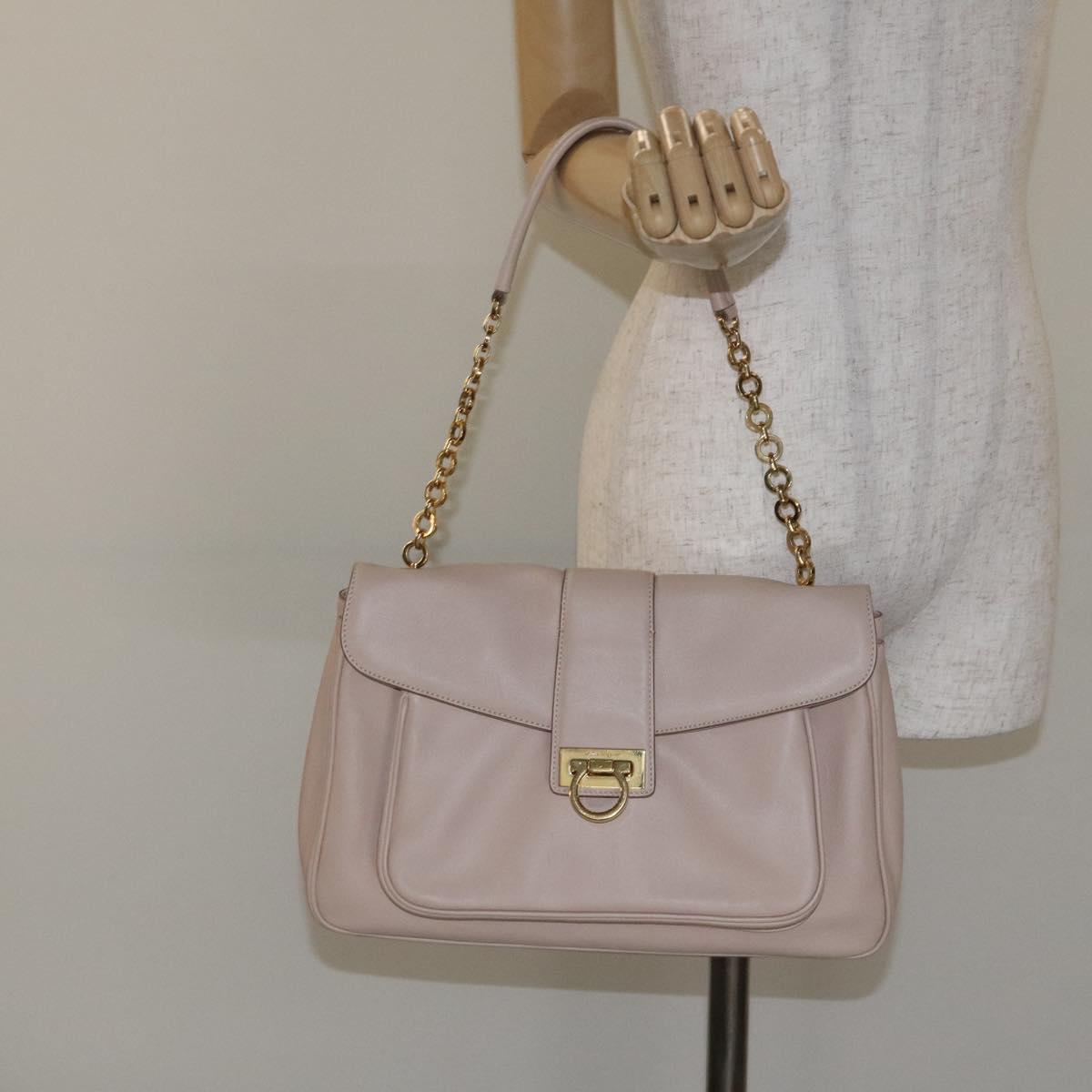 Salvatore Ferragamo Chain Gancini Shoulder Bag Leather Beige Gold Auth 130371