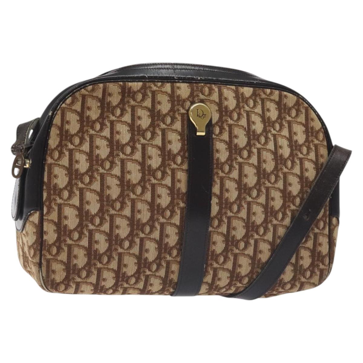 Christian Dior Trotter Canvas Shoulder Bag Brown Gold Auth 130411
