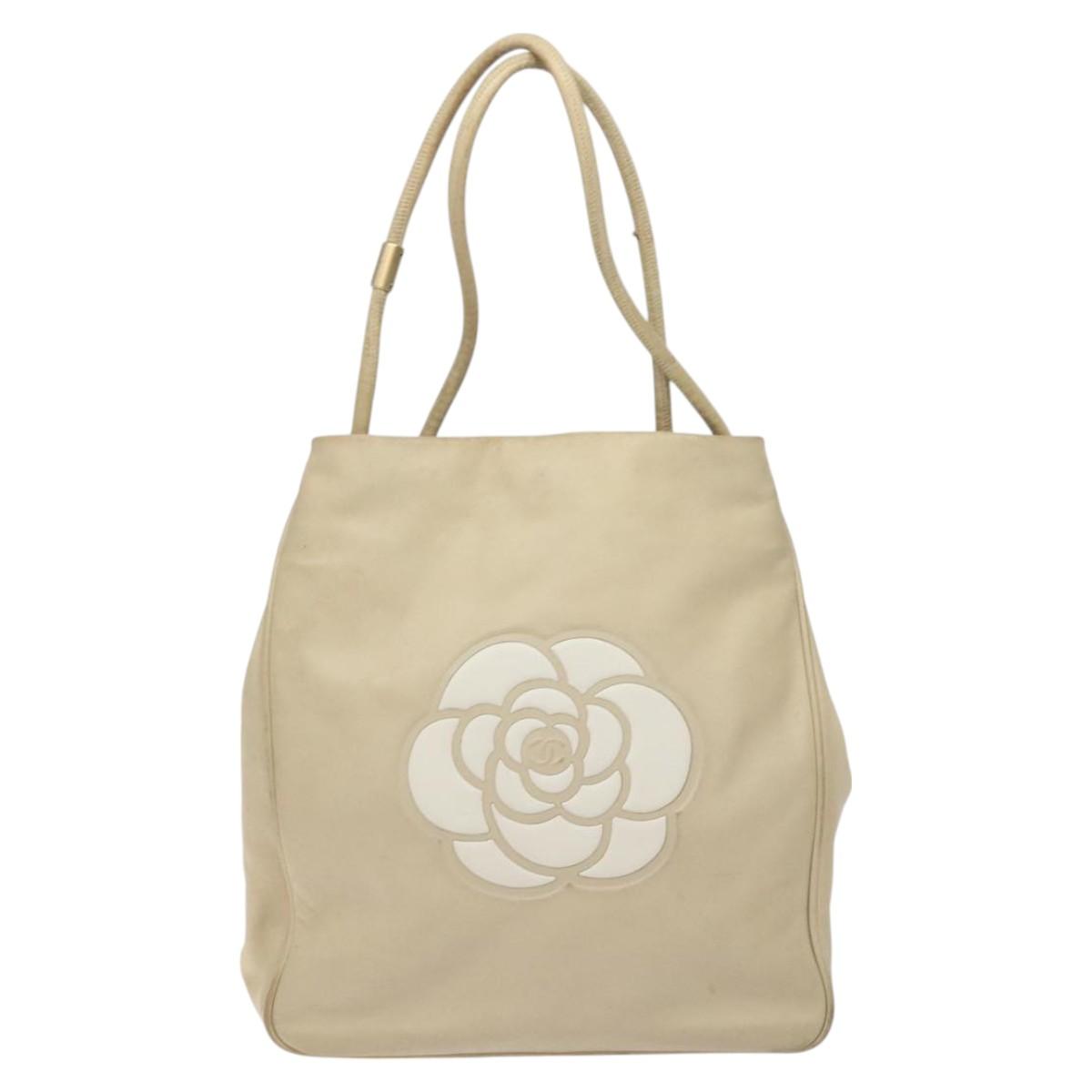 CHANEL Camelia Tote Bag Lamb Skin Beige Gold CC Auth 130498