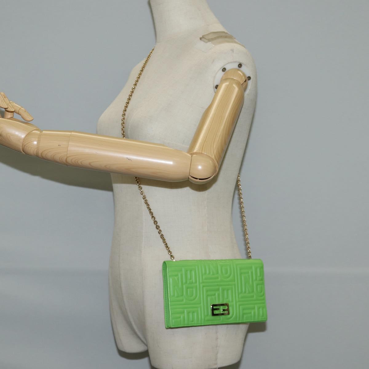 FENDI Chain Shoulder Wallet Leather Green Gold Auth 130512M