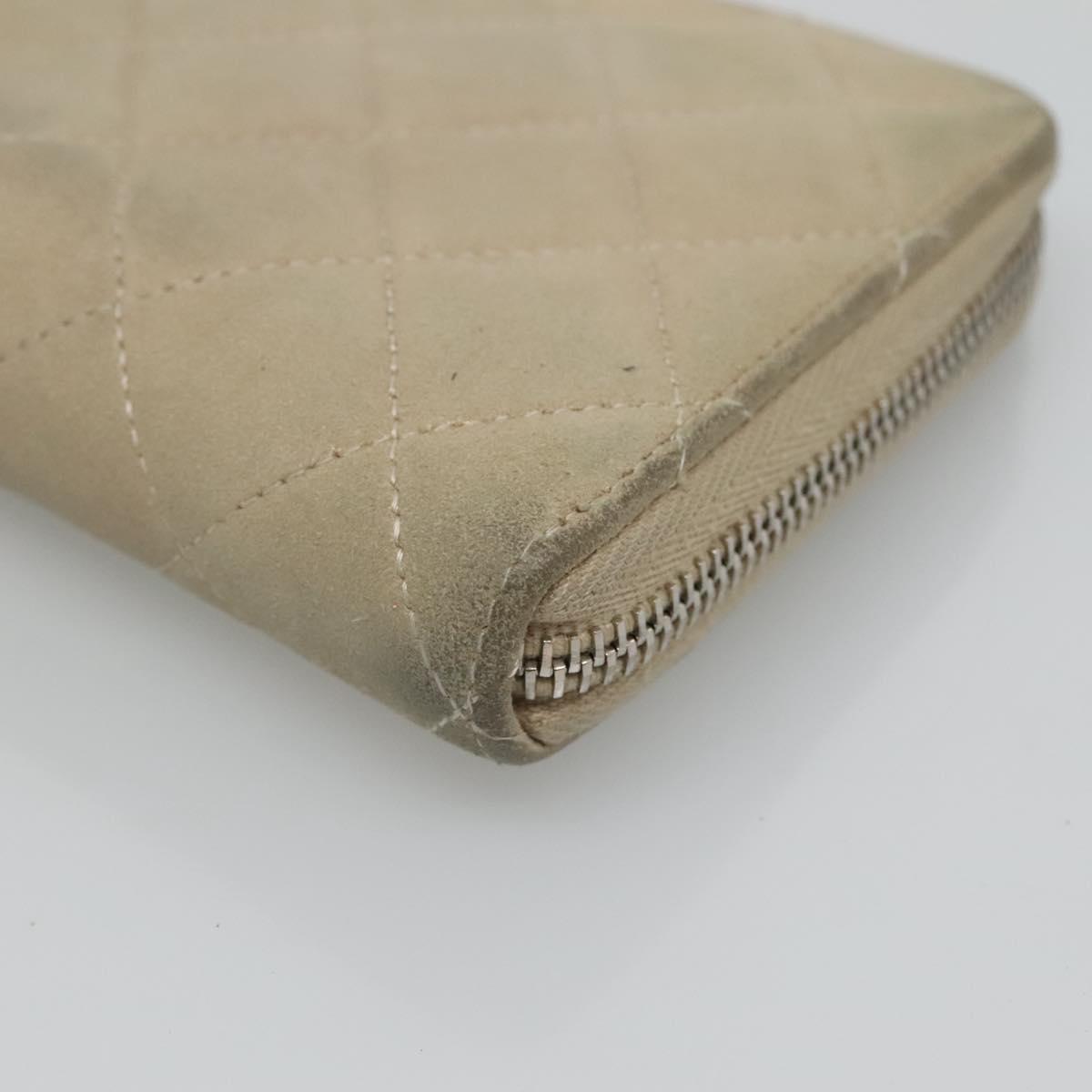 CHANEL Matelasse Long Wallet Suede Beige Silver CC Auth 130516