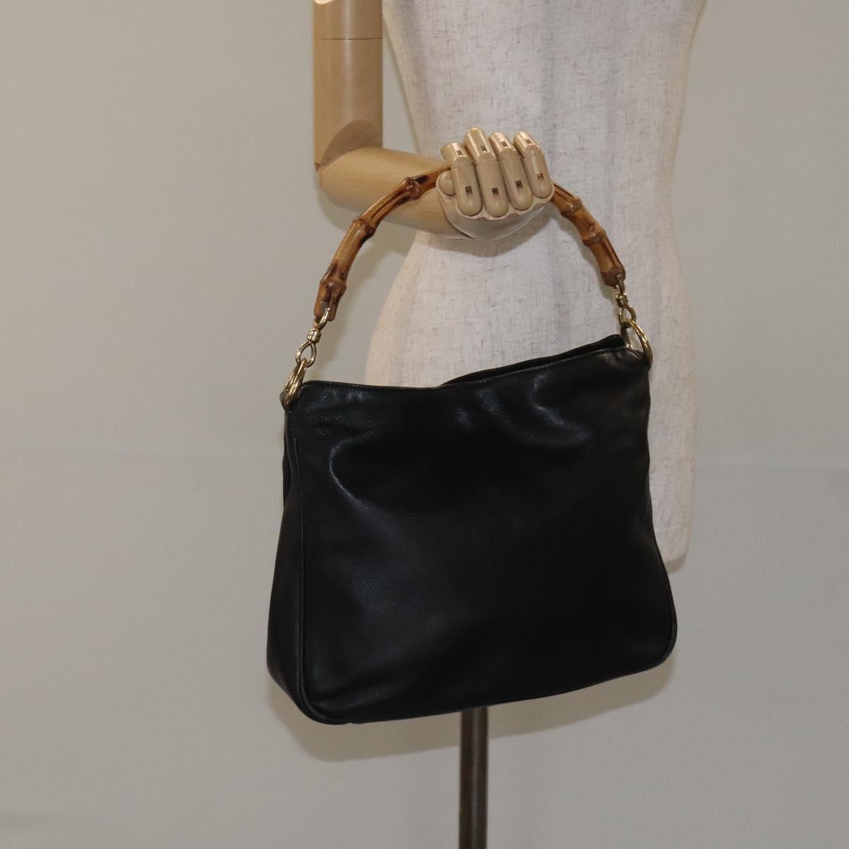 GUCCI Bamboo Hand Bag Leather Black Gold 001 1638 3754 Auth 130571