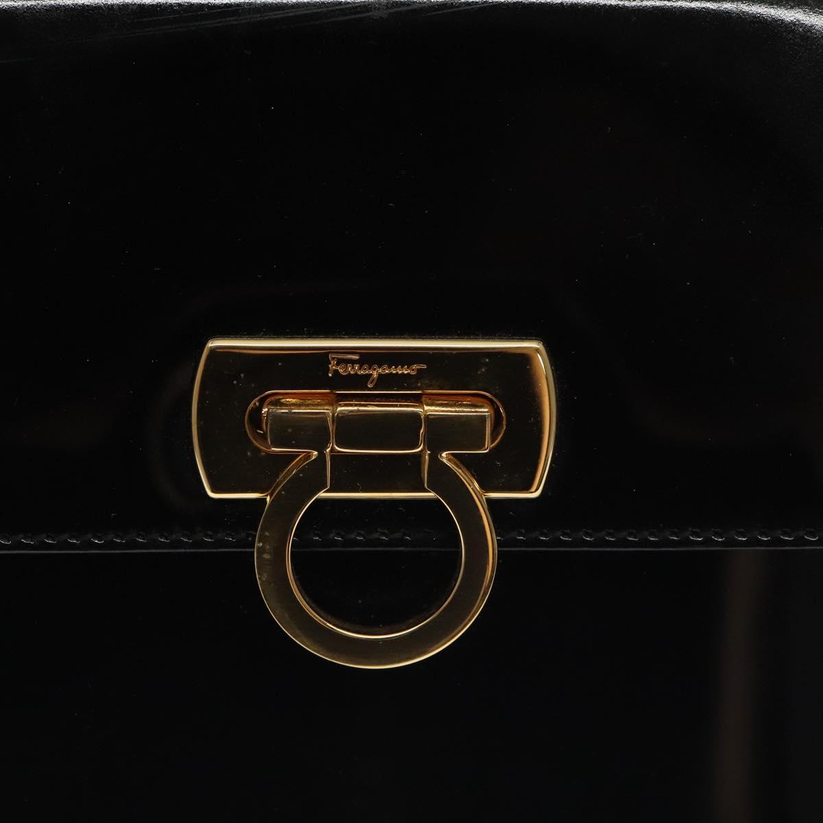 Salvatore Ferragamo Gancini Hand Bag Enamel Black Gold Auth 130619