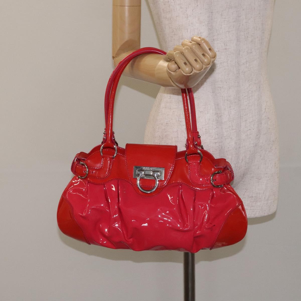 Salvatore Ferragamo Gancini Marissa Hand Bag Enamel Red Silver Auth 130621