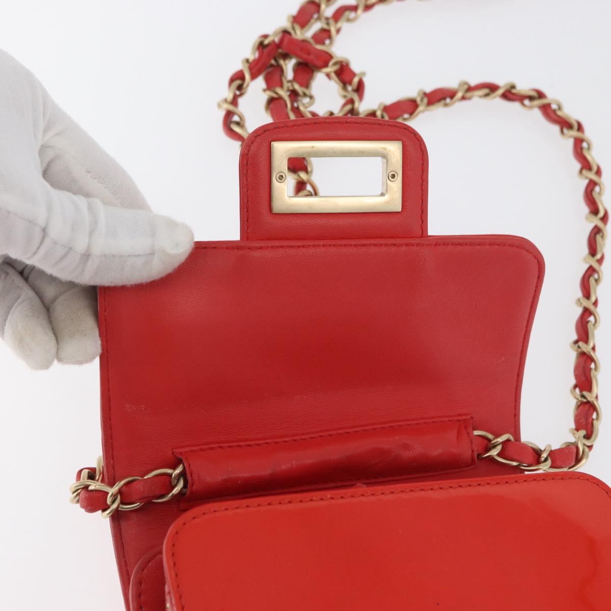 CHANEL Chain Shoulder Wallet Patent leather Orange Gold CC Auth 130637