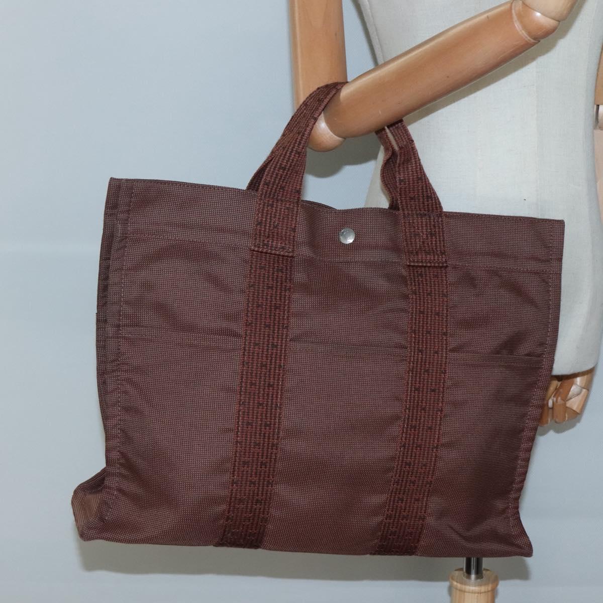 HERMES Her Line MM Hand Bag Canvas Brown Auth 130654