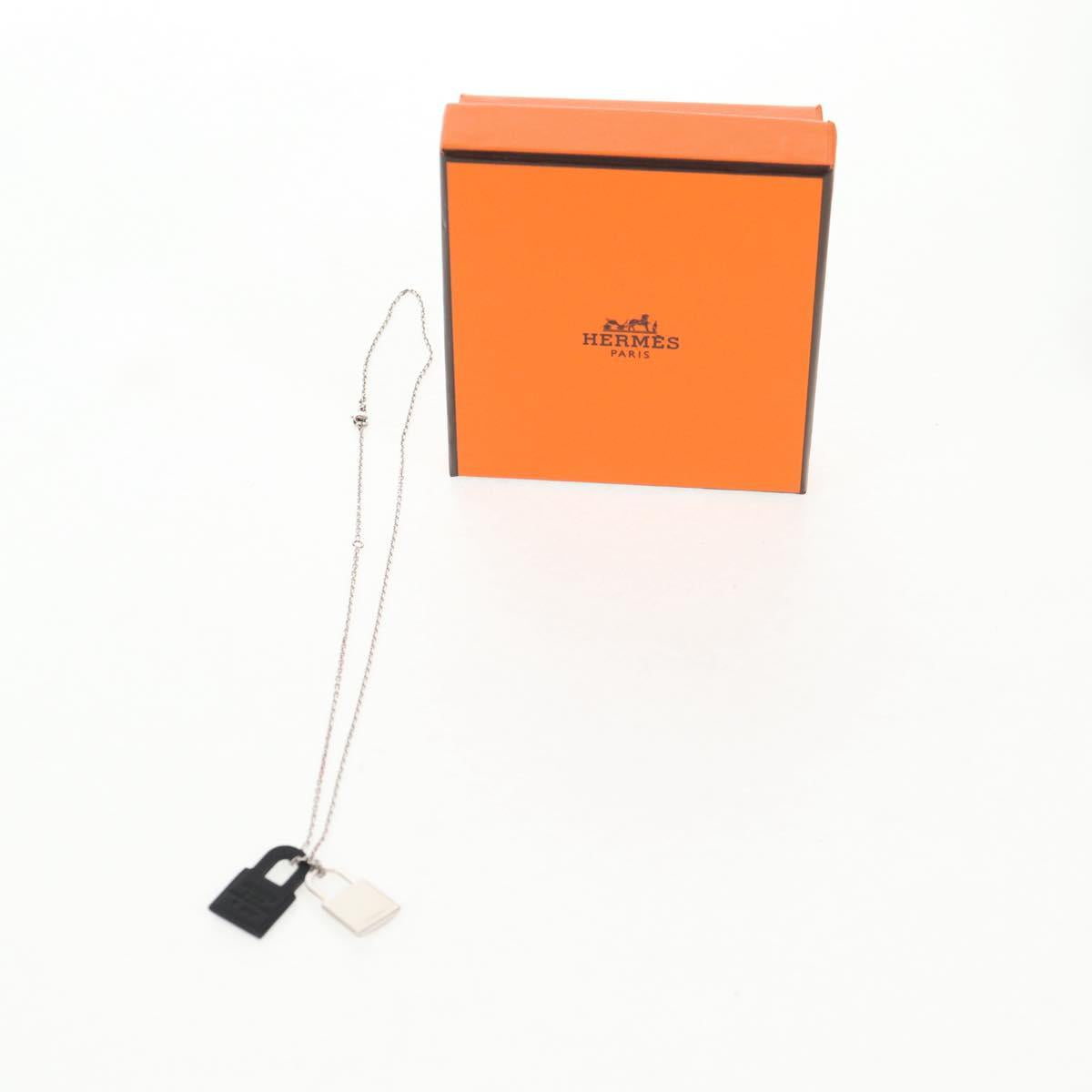 HERMES Orchestral PM Necklace Metal Leather Silver Black Auth 130685M