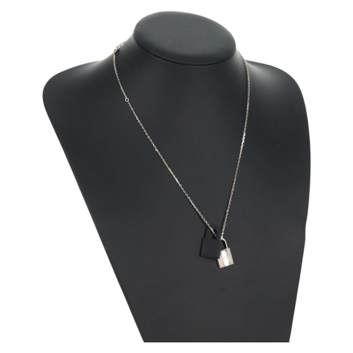 HERMES Orchestral PM Necklace Metal Leather Silver Black Auth 130685M