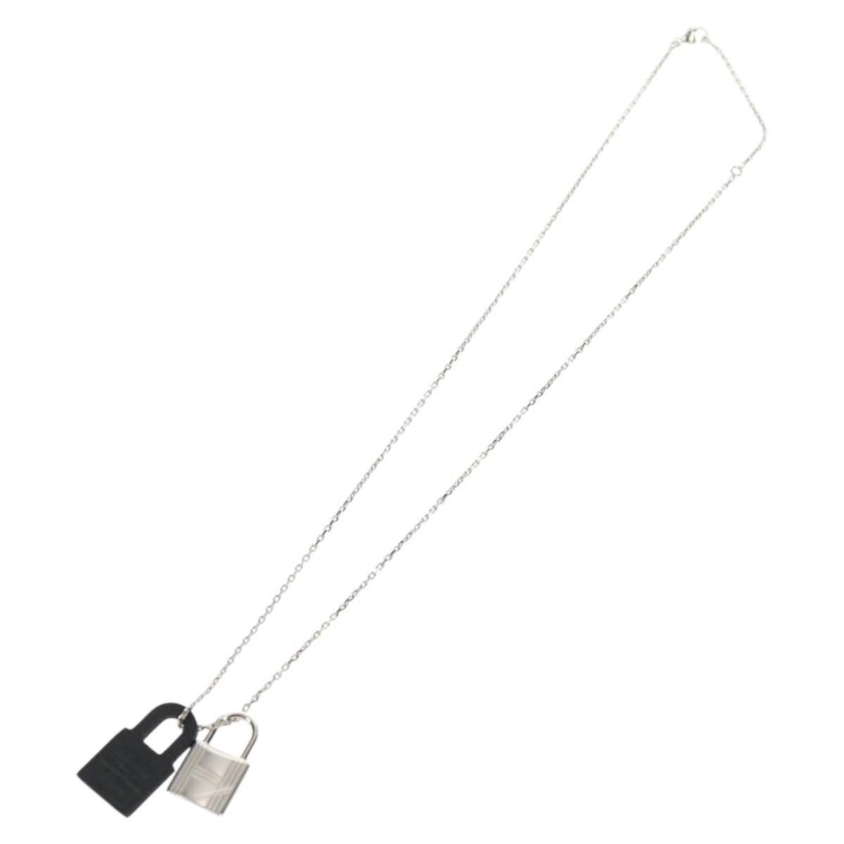HERMES Orchestral PM Necklace Metal Leather Silver Black Auth 130685M