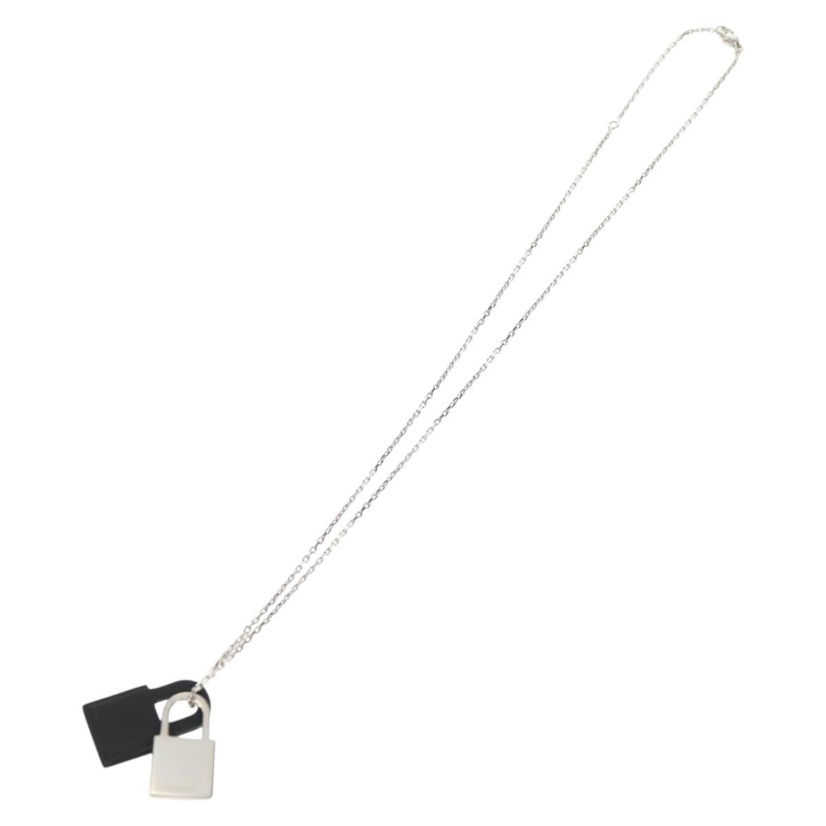 HERMES Orchestral PM Necklace Metal Leather Silver Black Auth 130685M