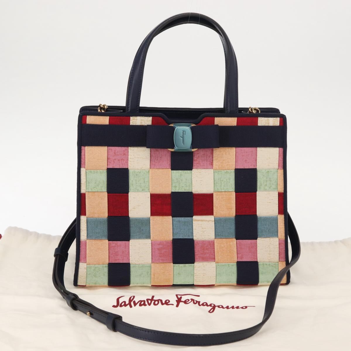 Salvatore Ferragamo Hand Bag Canvas 2way Multicolor Gold Auth 130836V