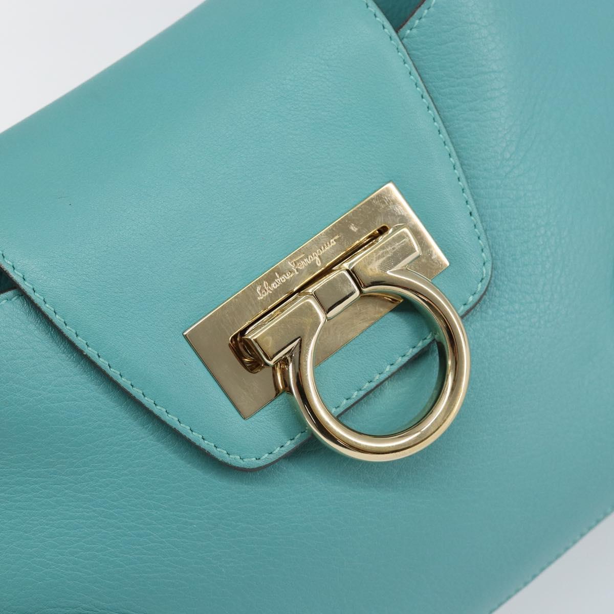Salvatore Ferragamo Gancini Bag Leather Turquoise Blue Gold Auth 130837V