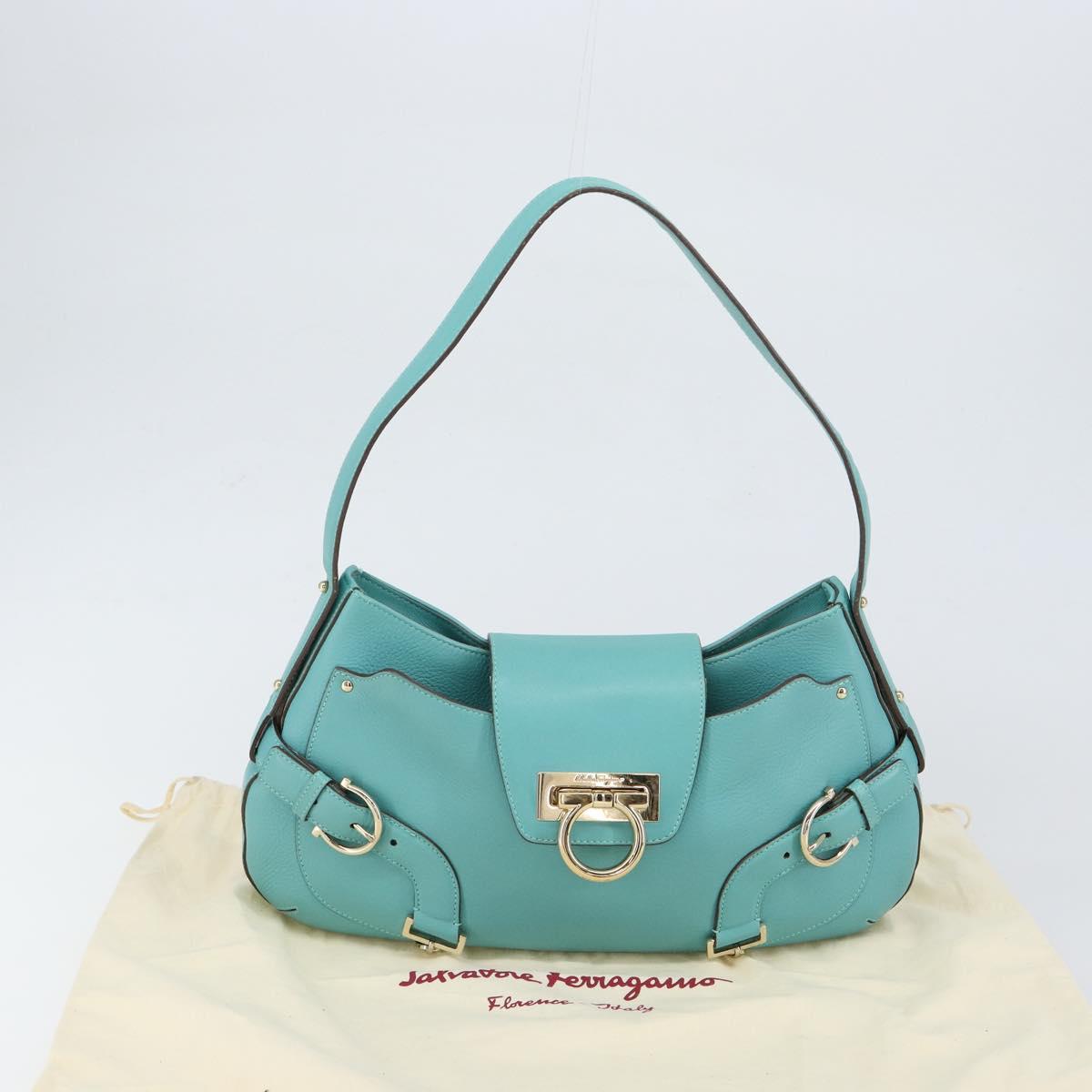 Salvatore Ferragamo Gancini Bag Leather Turquoise Blue Gold Auth 130837V