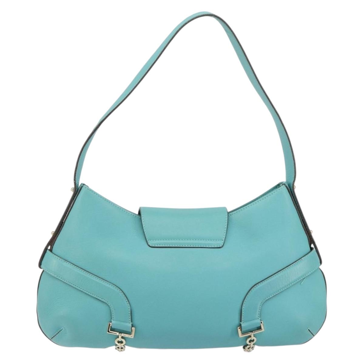 Salvatore Ferragamo Gancini Bag Leather Turquoise Blue Gold Auth 130837V
