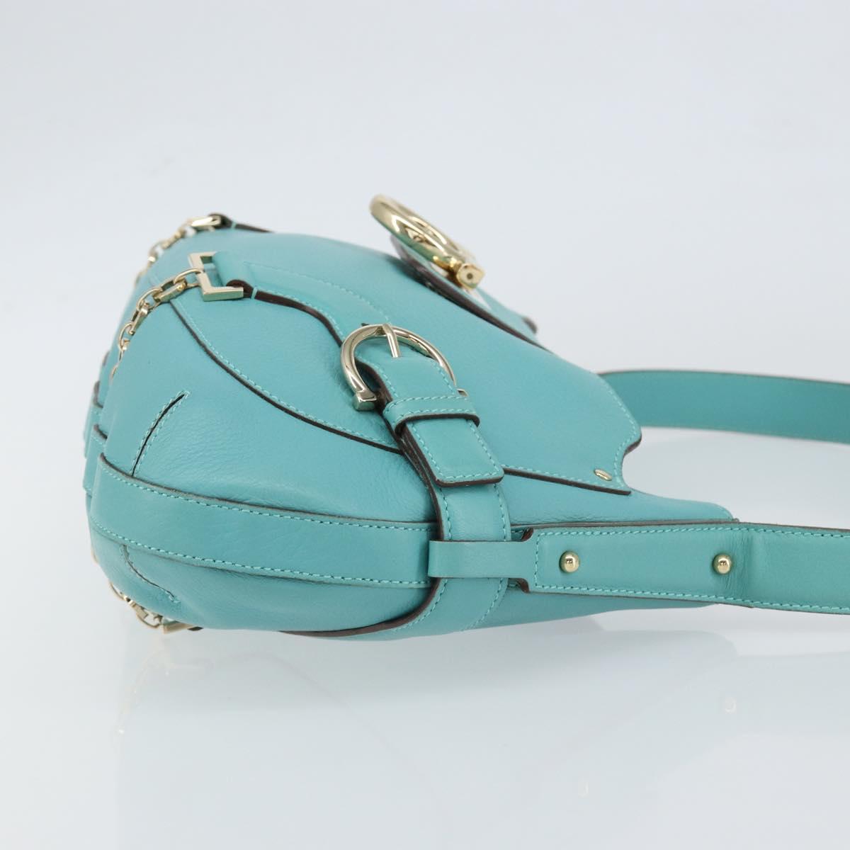 Salvatore Ferragamo Gancini Bag Leather Turquoise Blue Gold Auth 130837V