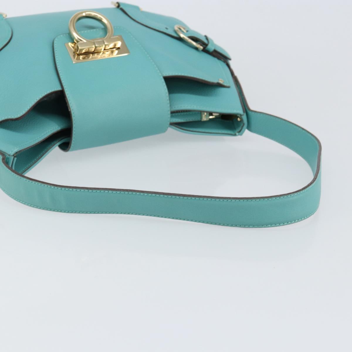 Salvatore Ferragamo Gancini Bag Leather Turquoise Blue Gold Auth 130837V