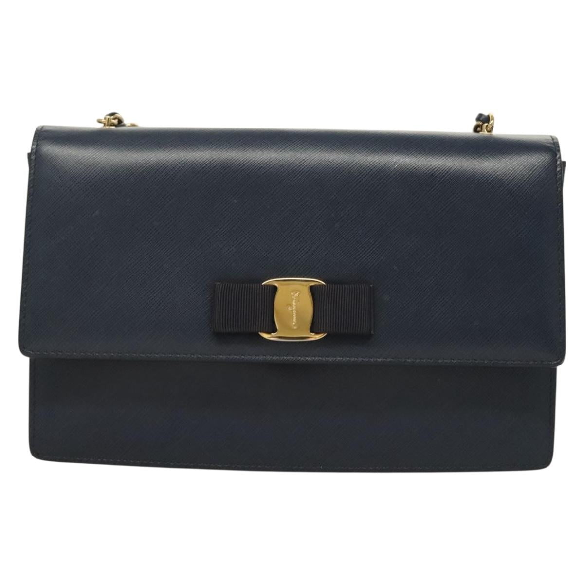 Salvatore Ferragamo Vala Chain Shoulder Bag Leather Navy Gold Auth 130907