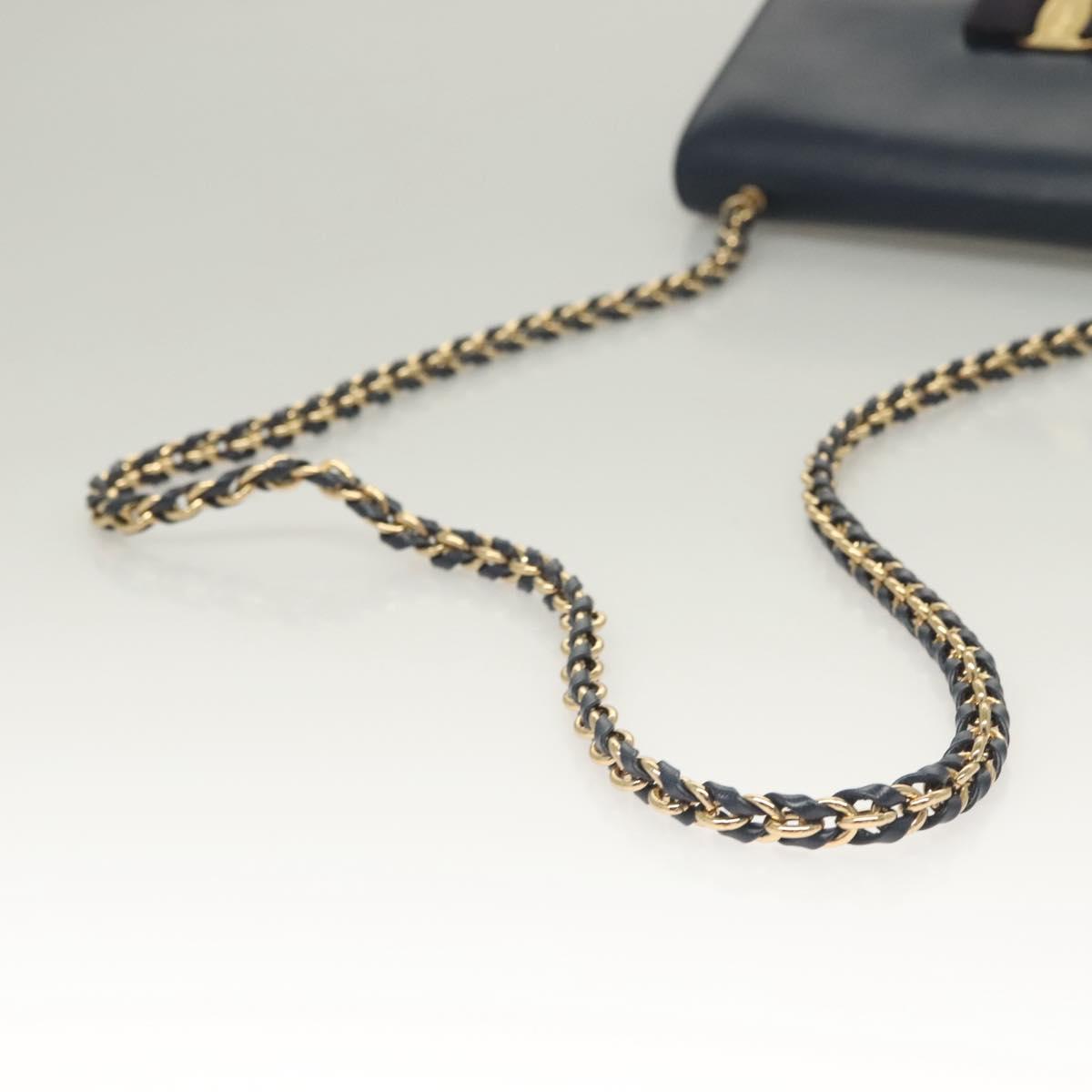 Salvatore Ferragamo Vala Chain Shoulder Bag Leather Navy Gold Auth 130907