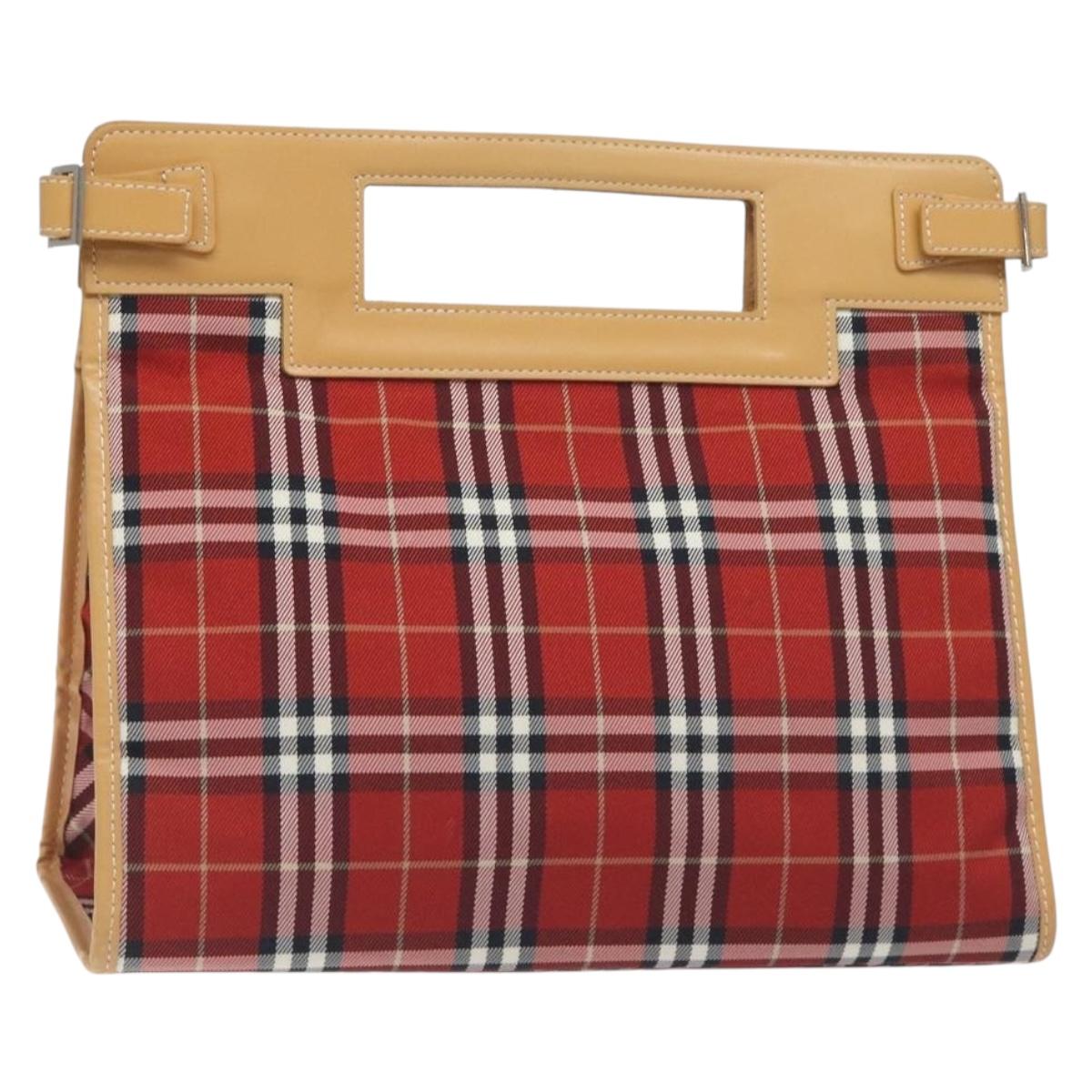 BURBERRY Nova Check Blue Label Hand Bag Nylon Leather Red Silver Auth 130950