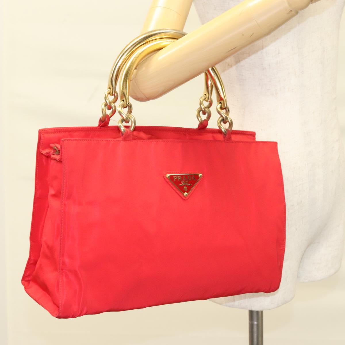 PRADA Hand Bag nylon metal Red Gold Auth 130992