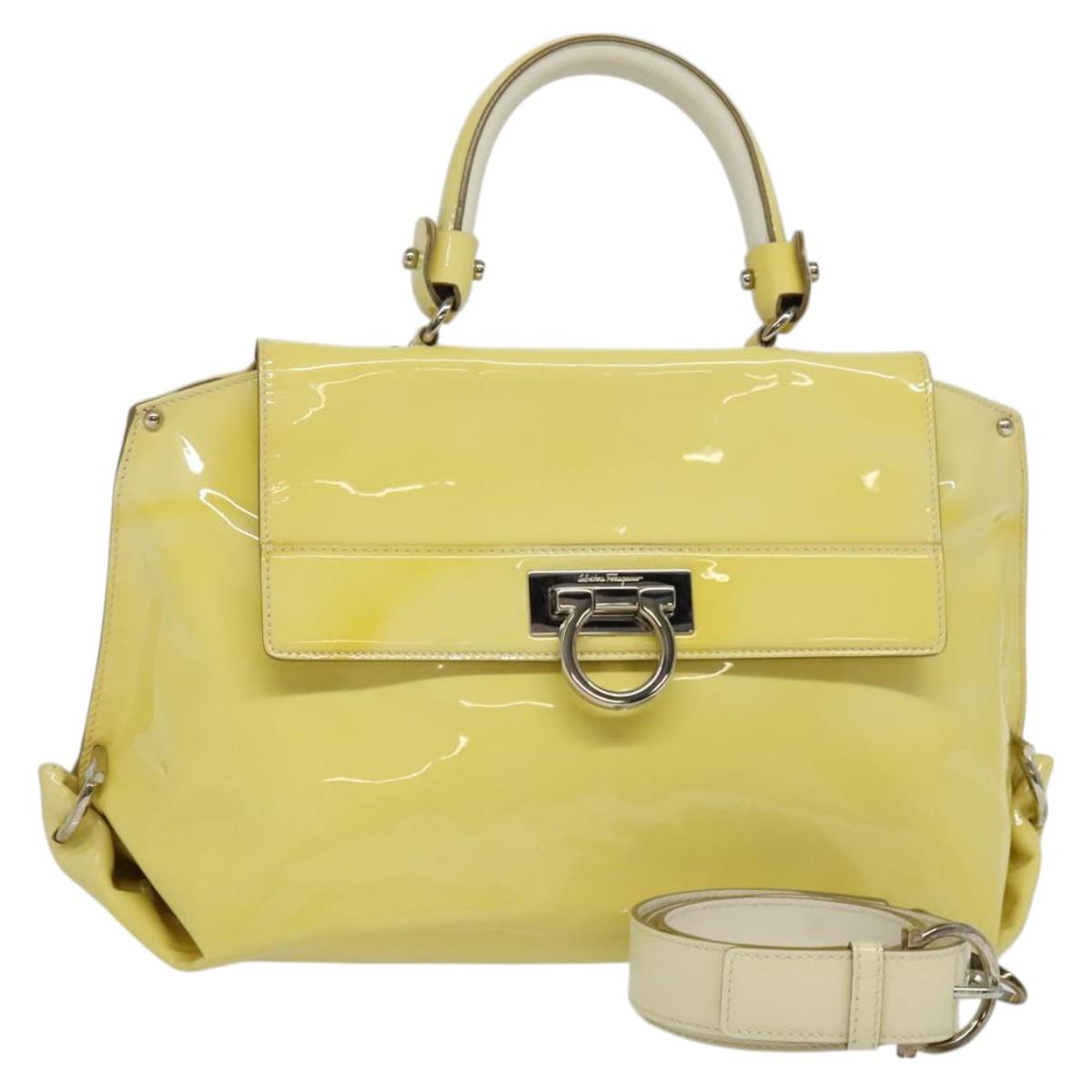 Salvatore Ferragamo Gancini Hand Bag Enamel 2way Ivory Silver gold Auth 131006