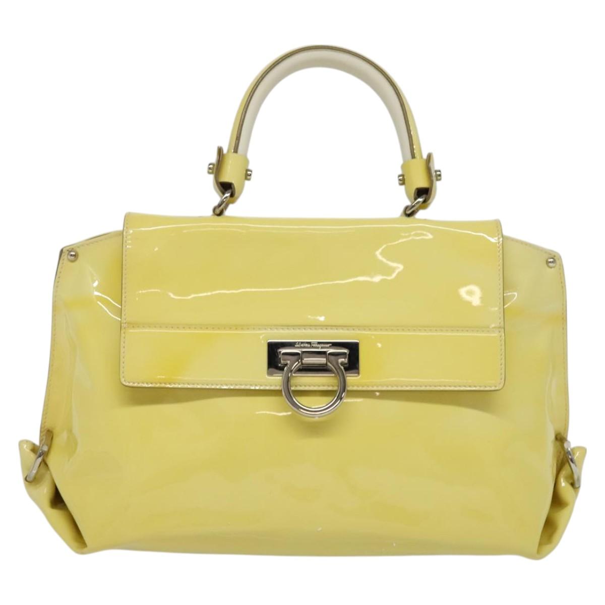Salvatore Ferragamo Gancini Hand Bag Enamel 2way Ivory Silver gold Auth 131006