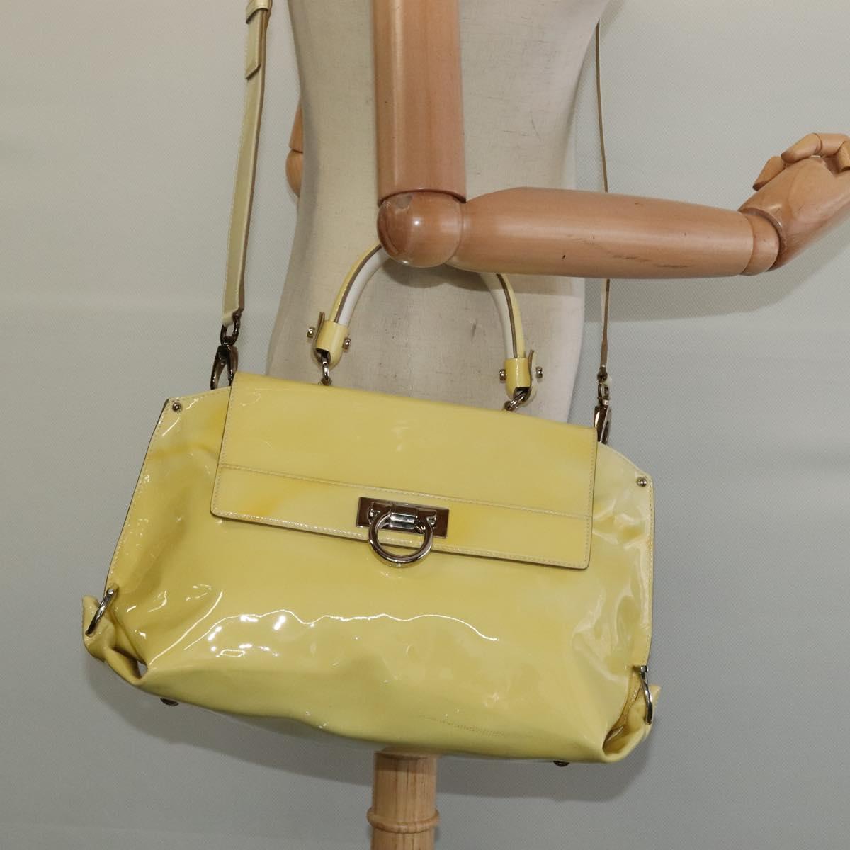 Salvatore Ferragamo Gancini Hand Bag Enamel 2way Ivory Silver gold Auth 131006