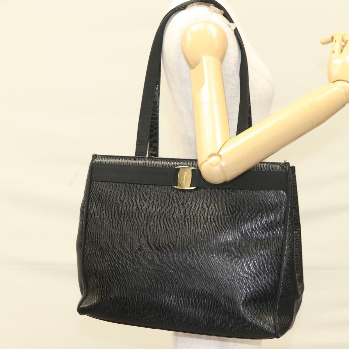 Salvatore Ferragamo Vala Tote Bag Leather Black Gold Auth 131008