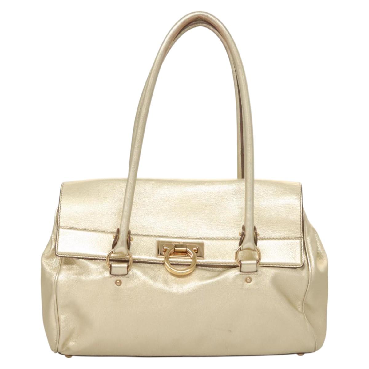 Salvatore Ferragamo Gancini Tote Bag Leather Gold Tone Gold Auth 131050