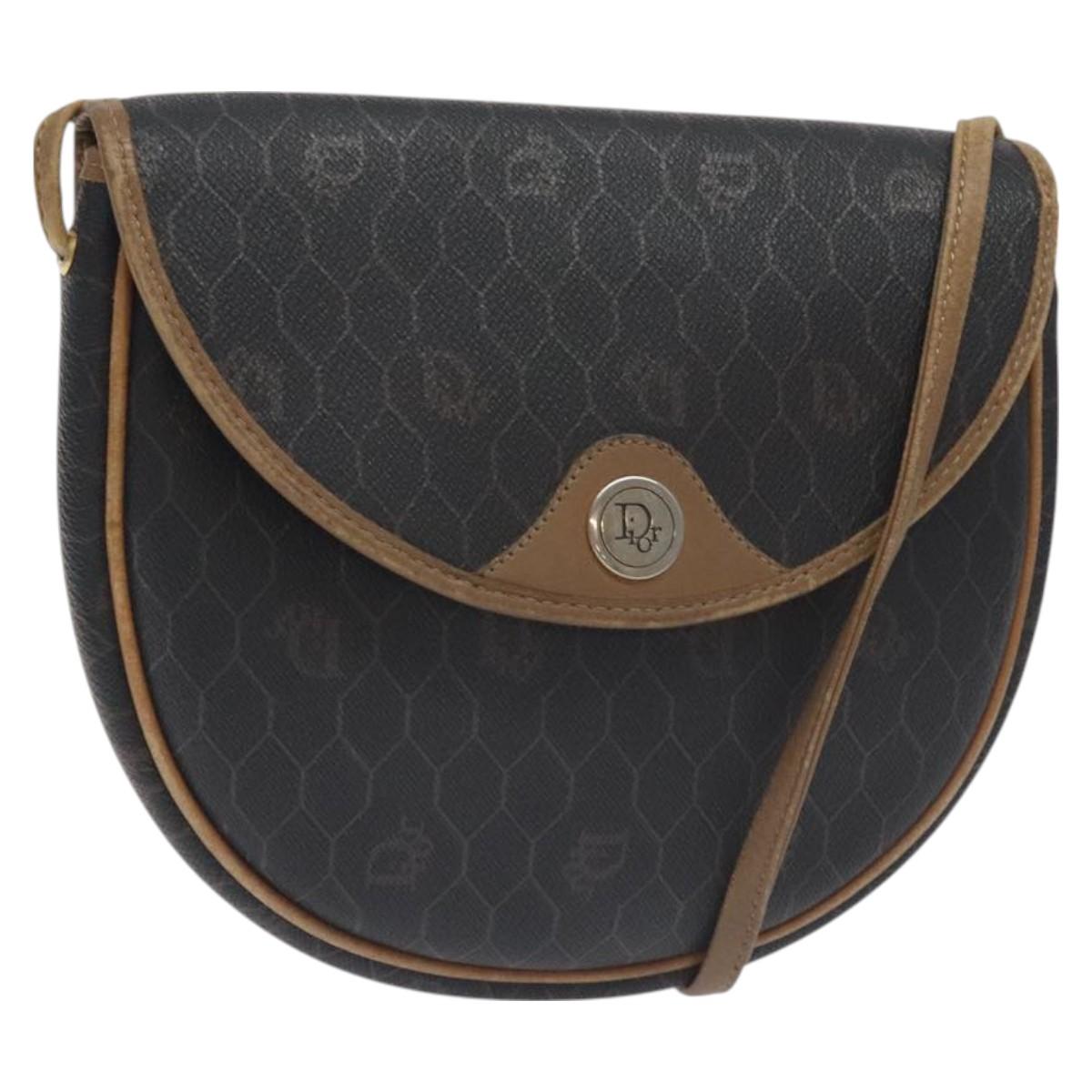 Christian Dior Honeycomb Canvas Shoulder Bag PVC Black Gold Auth 131125